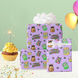 Papier Cadeau Chats d'anniversaire amusants et colorés