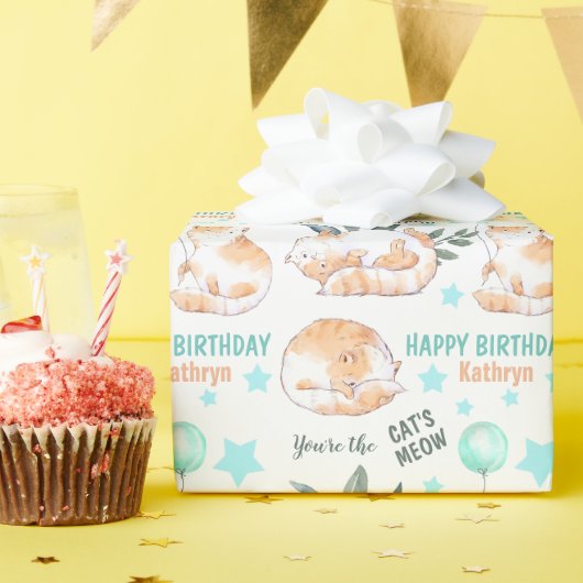 Papier Cadeau Chats d'anniversaire au gingembre mignon (Fête d'anniversaire)
