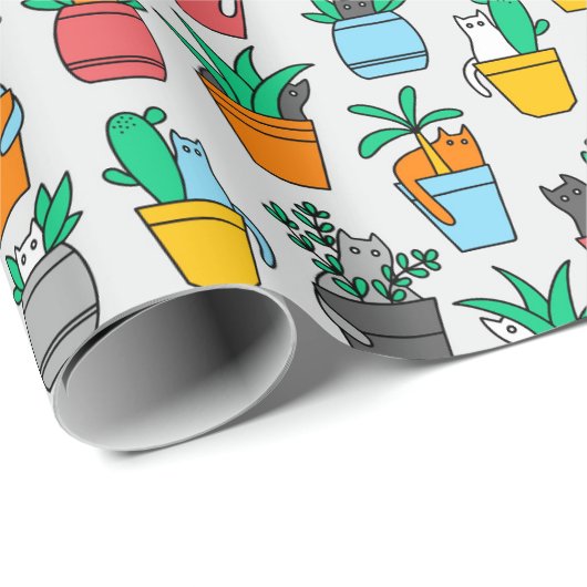 Papier Cadeau Chats dans les pots à fleurs (Coin rond)