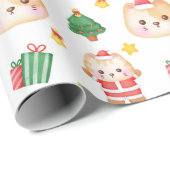 Papier Cadeau Chats De Noël Avec Arbres Sur Papier Blanc (Coin rond)