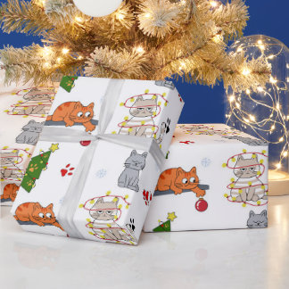 Papier Cadeau Chats de Noël drôles emmêlés dans les lumières qui