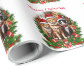 Papier Cadeau Chats de Noël joyeux (Coin rond)