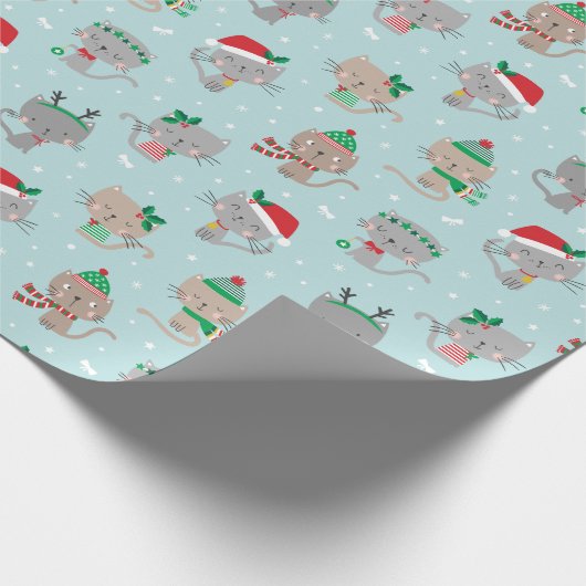 Papier Cadeau Chats de Noël mignons en bleu clair (Coin)