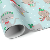 Papier Cadeau Chats de Noël mignons en bleu clair (Coin rond)