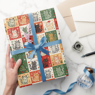 Papier Cadeau Chats de Noël Patchwork