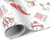 Papier Cadeau Chats de Noël rouges amusants sur papier blanc (Coin rond)