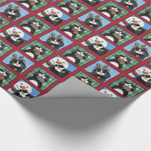 Papier Cadeau Chats de Noël Tuxedo, Snowmen et Gingbread (Coin)