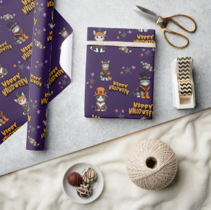 Papier Cadeau Chats de sorcière violette festive à Halloween dég