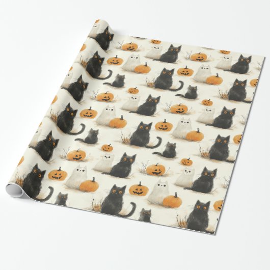 Papier Cadeau Chats d'Halloween et Motif Citrouille (Déroulé)