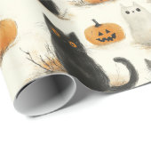 Papier Cadeau Chats d'Halloween et Motif Citrouille (Coin rond)