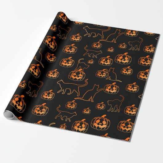 Papier Cadeau Chats d'Halloween noirs et Motif Jack-o-Lantern (Déroulé)
