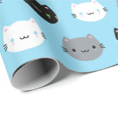 Papier Cadeau Chats et chatons mignons de Kawaii (bleus) (Coin rond)