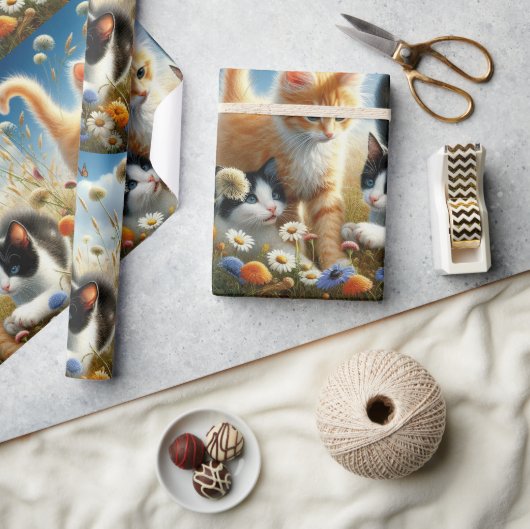 Papier Cadeau Chats Jouer en Fleurs Amoureux des chats (Artisanat)