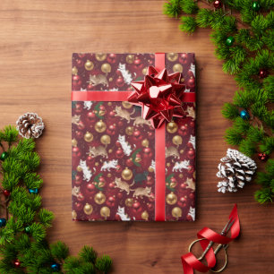 Papier Cadeau Chats joueurs avec des ornements de Noël brillants