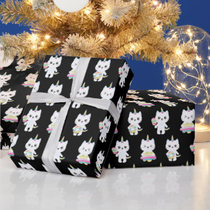 Papier Cadeau Chats licornes mignons motifs noirs