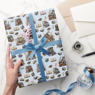 Papier Cadeau Chats & Livres sur Fond Bleu Clair