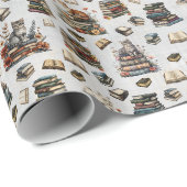 Papier Cadeau Chats & Livres sur Gris Clair (Coin rond)