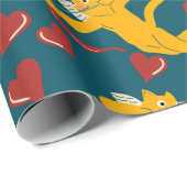 Papier Cadeau Chats mignon Saint Valentin Orange, Rouge et Bleu (Coin rond)