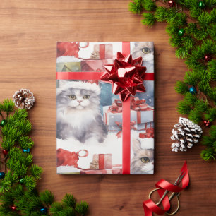 Papier Cadeau Chats mignons en chapeaux de Santa avec cadeaux