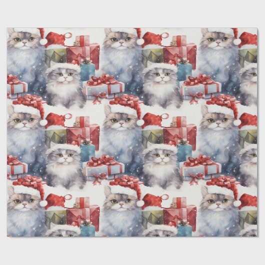 Papier Cadeau Chats mignons en chapeaux de Santa avec cadeaux (Plat)