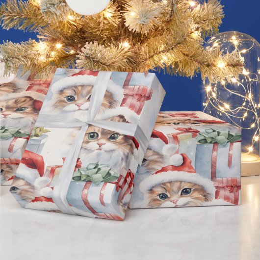 Papier Cadeau Chats mignons en chapeaux de Santa avec cadeaux (Vacances)