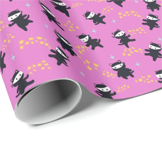 Papier Cadeau Chats Ninja avec Star Power en rose (Coin rond)