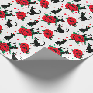 Papier Cadeau Chats noirs mignons drôles motif roses rouges