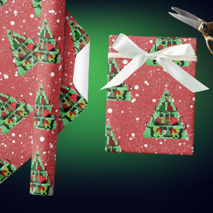 Papier Cadeau Chats noirs mignons en Sweaters Arbre de Noël Roug