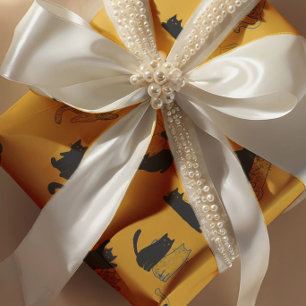 Papier Cadeau Chats noirs sur fond de moutarde avec contours ble
