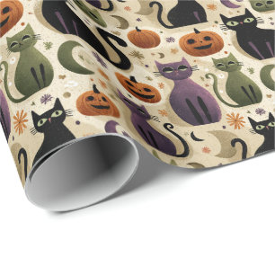 Papier Cadeau Chats noirs Whimsical et Citrouilles d'Halloween