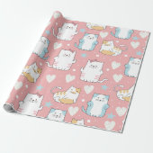 Papier Cadeau chats potelés en bleu pastel, blanc et rose (Déroulé)