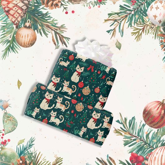 Papier Cadeau Chats rétro mignons à Noël noir