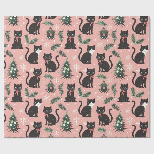 Papier Cadeau Chats rétro mignons à Noël rose (Plat)