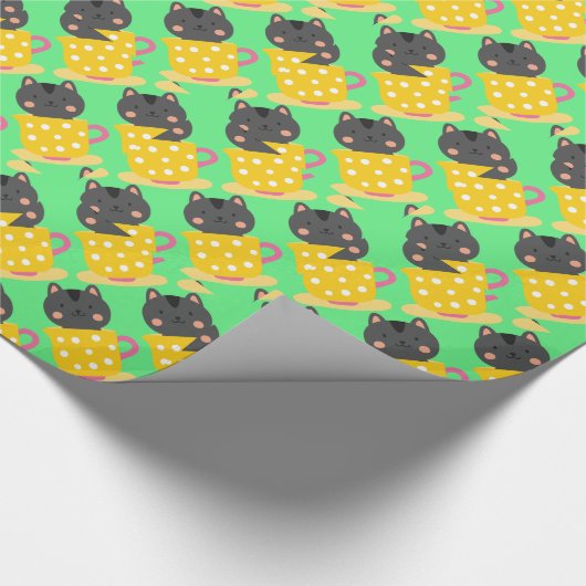 Papier Cadeau Chatte mignonne en dessin animé sur la menthe (Coin)