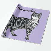 Papier Cadeau Chatte tigrée noire et blanche Nom Violet  (Déroulé)