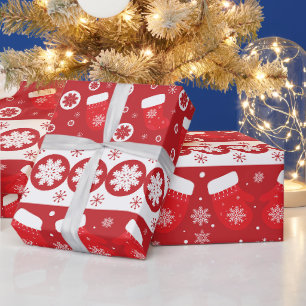 Papier Cadeau Chaussettes et mitaines de Noël rouges et blancs