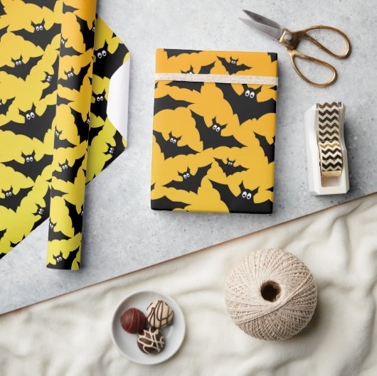 Papier Cadeau Chauve-souris noire orange motif Halloween (Artisanat)
