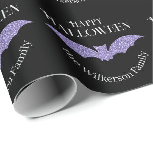 Papier Cadeau Chauve-souris Paillettes Violette Joyeux Halloween