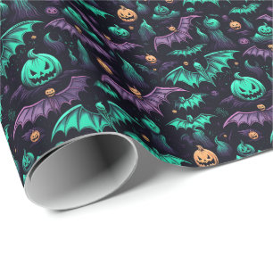Papier Cadeau Chauves-souris Citrouilles violet vert Halloween
