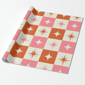 Papier Cadeau Checkered Mid Century Atomic Stars Pink Orange 