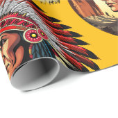 Papier Cadeau Chef amérindien sur paysage sauvage coucher de sol (Coin rond)