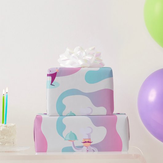 Papier Cadeau Chef souriant avec Moustache et plateau de service