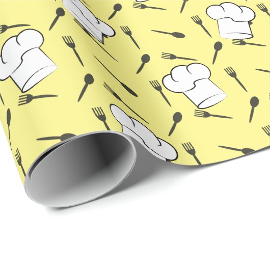 Papier Cadeau Chefs Casquette Fourches Cuillères Motif culinaire (Coin rond)