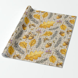 Papier Cadeau Chêne doré et gland pour les cadeaux de Thanksgivi