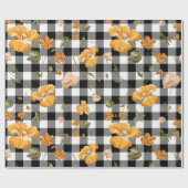 Papier Cadeau Chèques de bisons blancs noirs et fleurs jaunes (Plat)