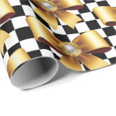 Papier Cadeau Chèques noir et blanc & Bow Pearl Gold (Coin rond)