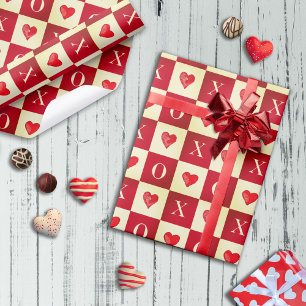 Papier Cadeau Chèques XO Retro Modernes Valentine Red Hearts
