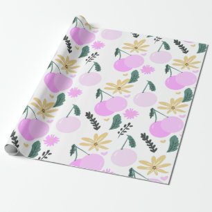 Papier Cadeau Cherry Floral Greenery Yellow Pink Hearts Patter