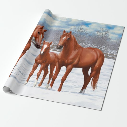 Papier Cadeau Chestnut Sorrel Quarter Chevaux En Neige (Déroulé)