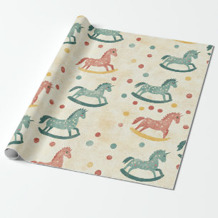 Papier Cadeau Cheval à Bascule Vintage Motif Pépinière Plaid Rou